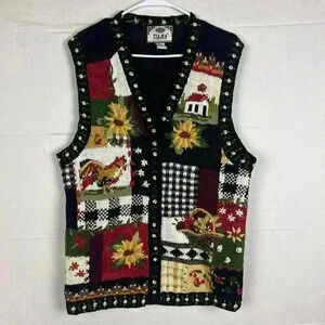 Tiara International Embroidered Button Sweater Vest Floral Rooster Country Large
